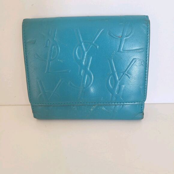 Yves Saint Laurent YSL Vintage Medium Compact Leather Wallet Blue Logo Bifold - Picture 1 of 14